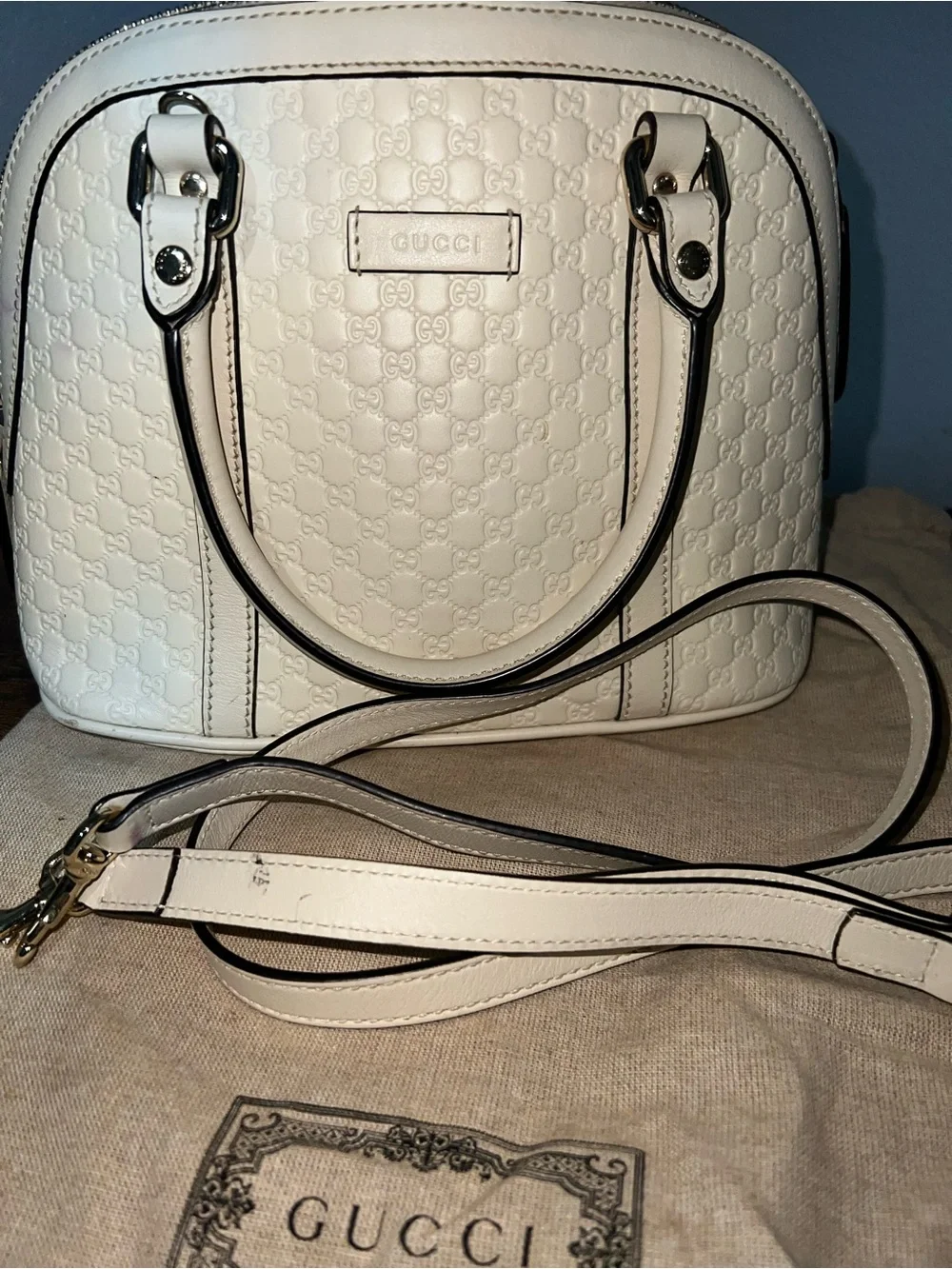 Gucci White Embossed Leather Satchel with Detachable Strap